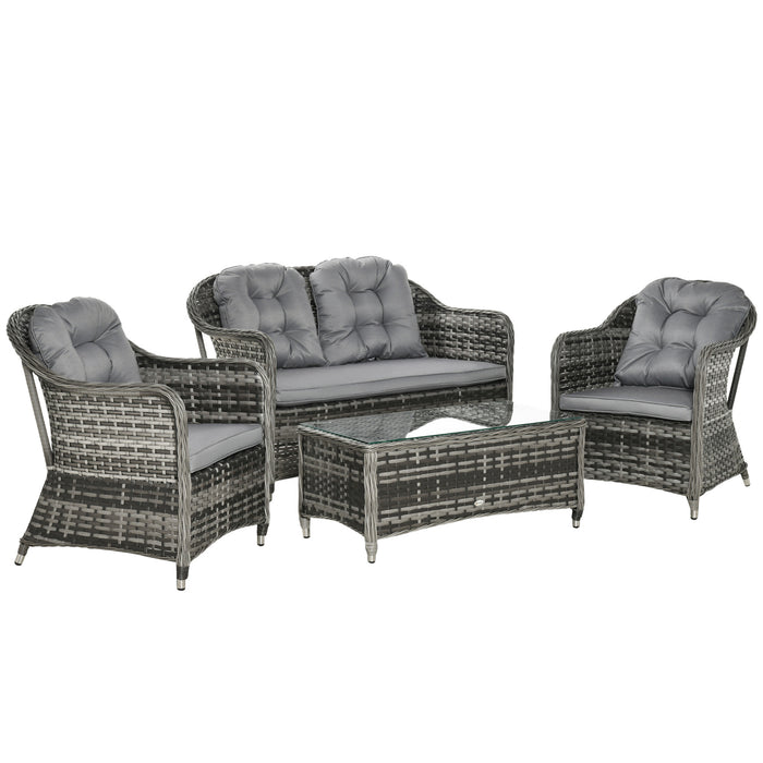 4-Seater PE Rattan Wicker Sofa Set - Outdoor Conservatory Patio Furniture with Coffee Table and Grey Cushions - Ideal for Lawn Gatherings and Relaxation