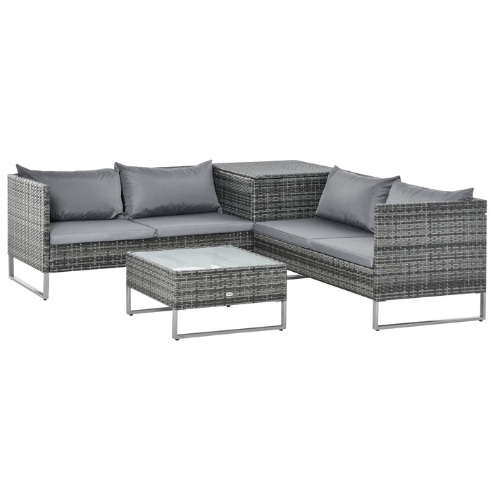 Outdoor Rattan Wicker Patio Set - 4-Piece Corner Sofa, Love Seat & Table Combo with Cushions in Mixed Grey - Ideal for Garden and Entertainment Spaces