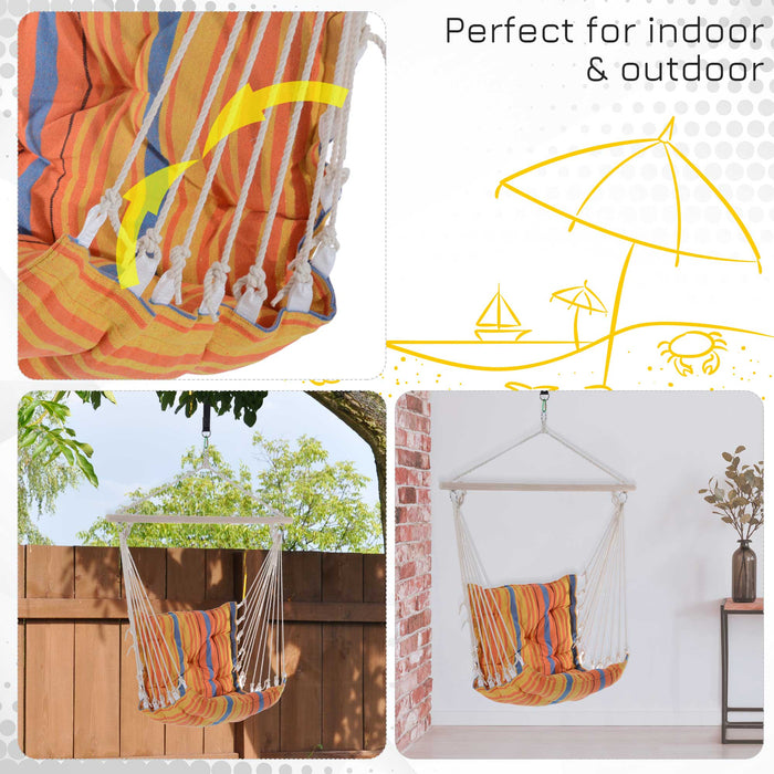 Cotton Rope Hammock Chair with Cushions - Cozy Swing Seat for Garden, Yard, and Patio, Wooden and Cloth Construction - Ideal for Outdoor Relaxation, Orange Color