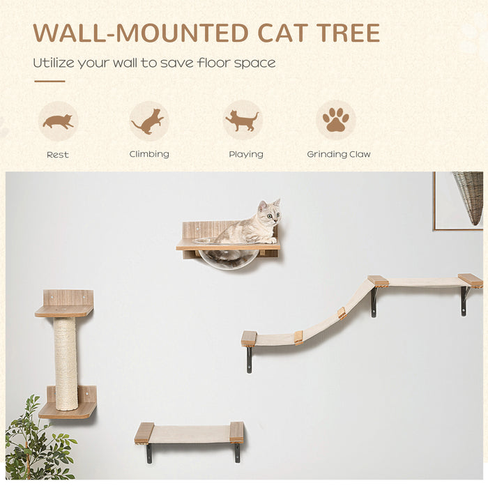 Cat Tree Climbing Shelf Combo - 4-Piece Wall-Mounted Kitten Activity Set with Hammock, Scratching Post, Jumping Platform - Space-Saving Perch for Cats