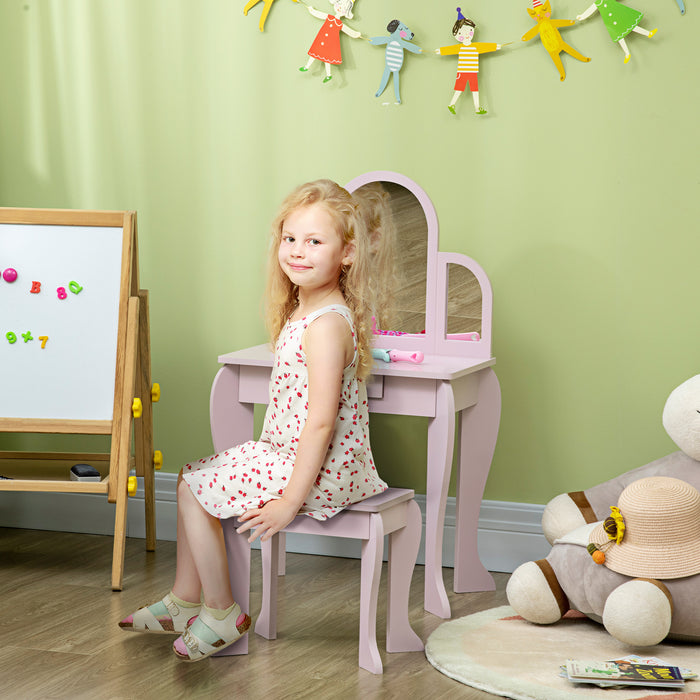 Kids Vanity Set with Stool and Mirror - Dressing Table with Drawer, Girls' Pink Makeup Desk - Perfect for 3-6 Year Old Children's Playtime and Creativity