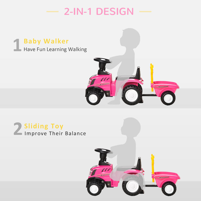 Toddler Walker Ride-On Tractor - Foot to Floor Slider with Horn, Steering Wheel Storage - Perfect for 1-3 Year Olds, Playful Pink Design