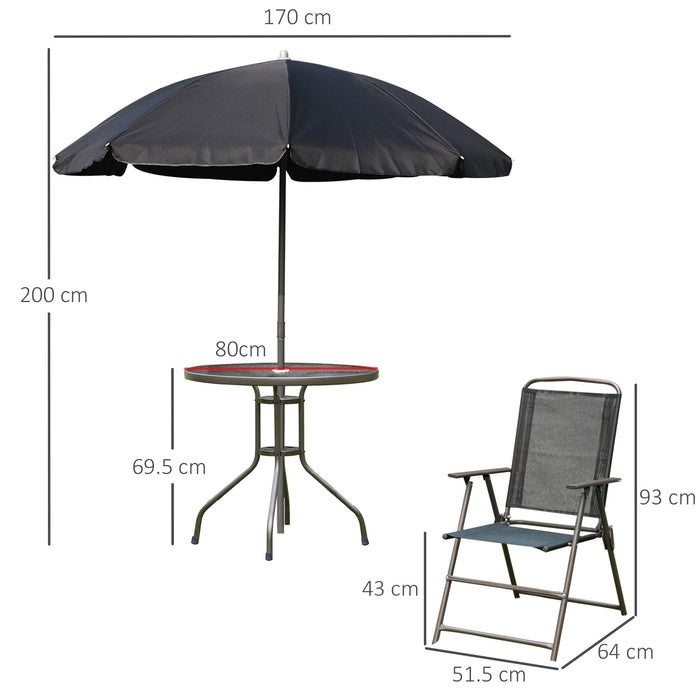 6-Piece Outdoor Bistro Set - Texteline Folding Chairs, Table, and Umbrella in Black - Ideal Patio Furniture for Garden and Dining