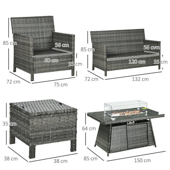 Rattan 6-Seater Outdoor Ensemble with Gas Fire Pit - Wicker Loveseat, Armchairs, Footstools Set in Grey - Perfect for Garden Patio Entertainment and Relaxation