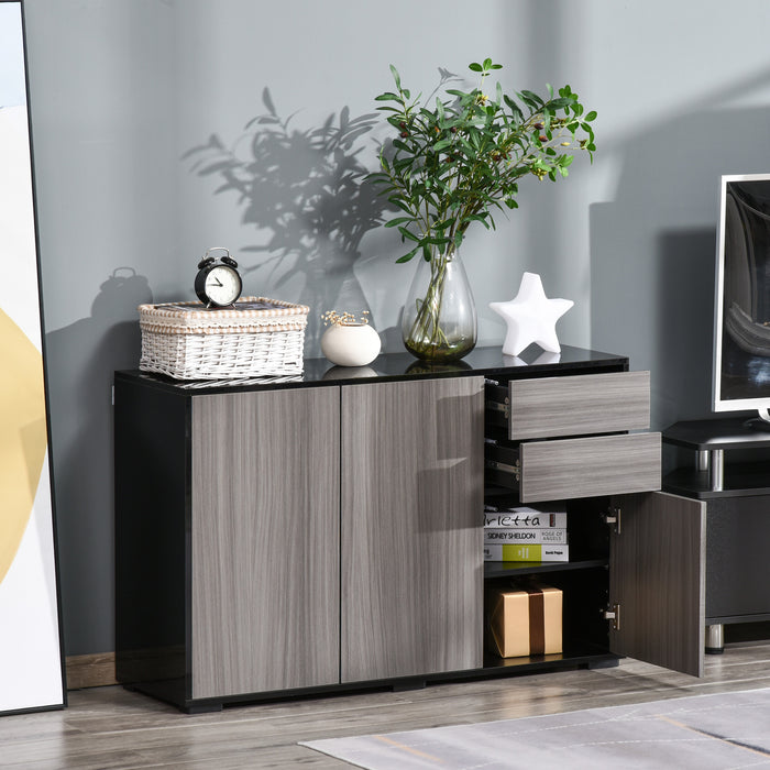 High Gloss Sideboard Storage Unit - Contemporary Push-Open Side Cabinet with 2 Drawers in Light Grey and Black - Stylish Organization for Living Room or Bedroom