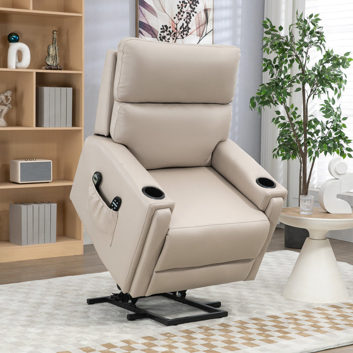 Electric Riser Recliner Chair with Massage and Heat - Vibration Massage, Cup Holders, Side Pockets in Beige - Ideal for Elderly and Individuals with Mobility Issues