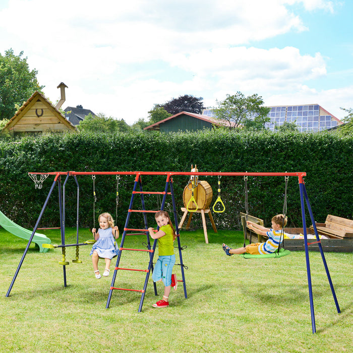 6-in-1 Outdoor Metal Garden Swing Set - Double Kids Swings, Climbing Frame, Glider, Trapeze, Basketball Hoop - Perfect Playset for Children's Backyard Entertainment