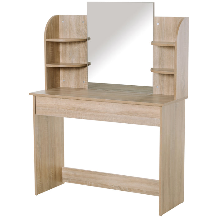 Oak-Toned Particle Board Dressing Table with Glass Mirror - Built-in Shelves for Convenient Storage - Ideal for Bedroom Organization and Style