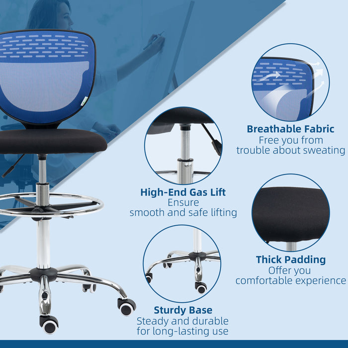 Ergonomic Drafting Chair - Swivel Mesh Draughtsman Stool with Lumbar Support and Adjustable Foot Ring - Armless Design for Standing Desks, Dark Blue