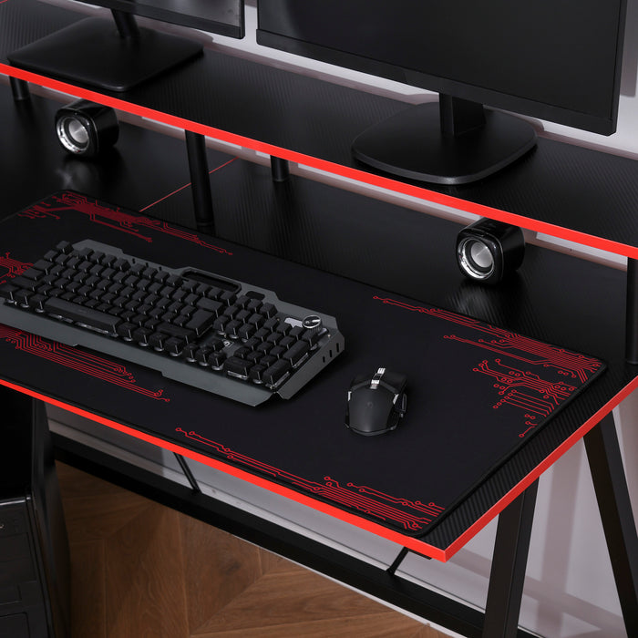 Ergonomic L-Shaped Gaming Desk - Elevated Monitor Shelf, Corner Computer Workstation in Black and Red - Ideal for Gamers and Home Office Setup