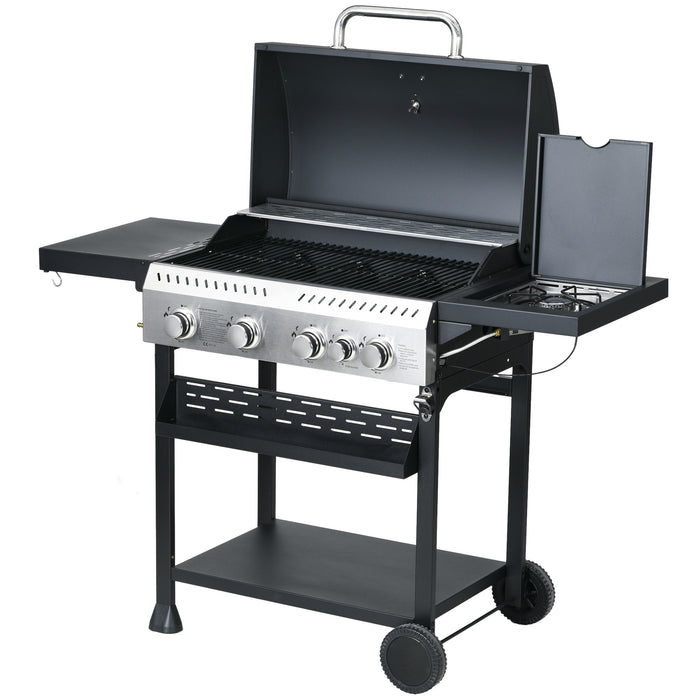 Galvanised Steel 4+1 Burner BBQ Grill - Durable Outdoor Gas Barbecue with Side Burner and Trolley - Ideal for Patio Cooking and Family Gatherings