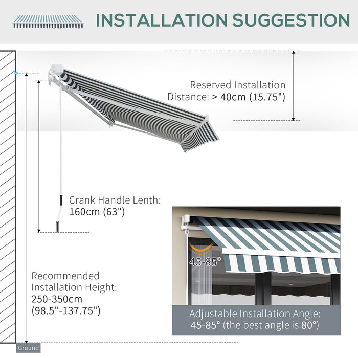 Manual Retractable Awning Canopy 2.5m x 2m - Green and White Sun Shade Shelter for Garden Patio with Winding Handle - Ideal Outdoor Cover for Protection and Comfort