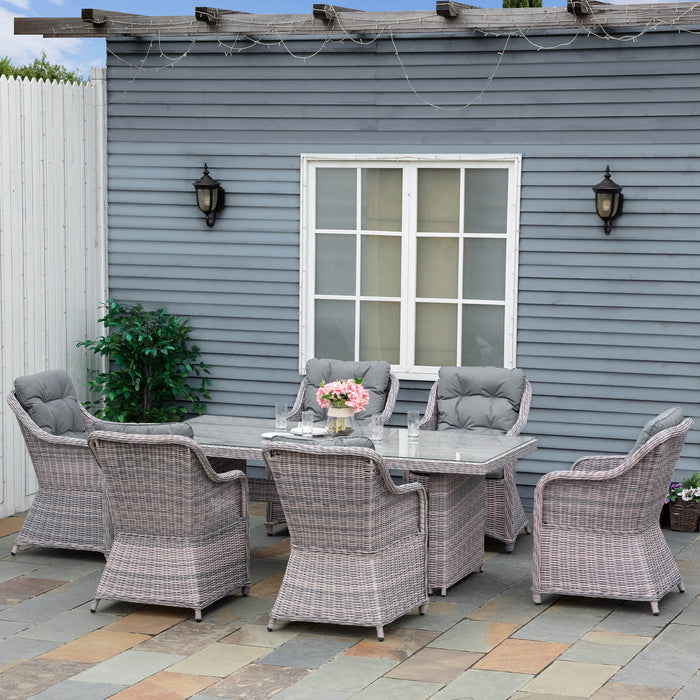 7-Piece PE Rattan Dining Set - Outdoor Patio Wicker Furniture with Aluminium Frame and Tempered Glass Tabletop in Grey - Elegant Seating for Garden, Deck, or Backyard Gatherings