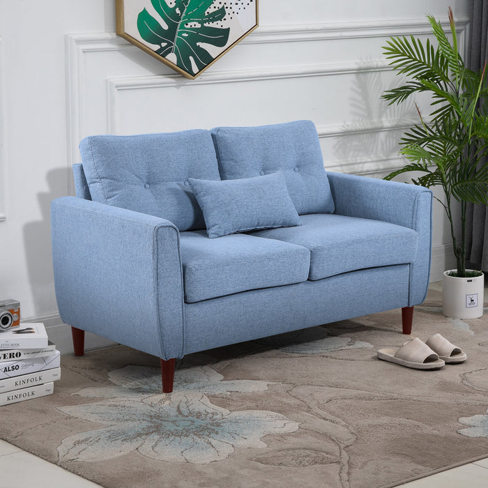 Double Loveseat Sofa - Plush Fabric Upholstery with Elegant Tufted Design and Sturdy Wooden Legs - Cozy Seating for Living Room, Dining Area, or Office Space in Light Blue