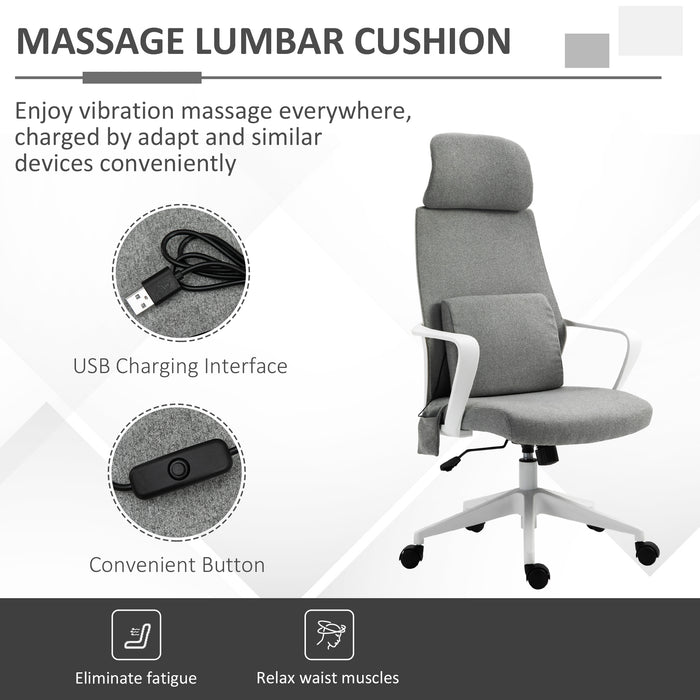 Ergonomic Grey Office Massage Chair with Lumbar Support - Features Swivel Wheels, Tilt Function, Adjustable Headrest & Armrest - Ideal for Home Office & Study Comfort