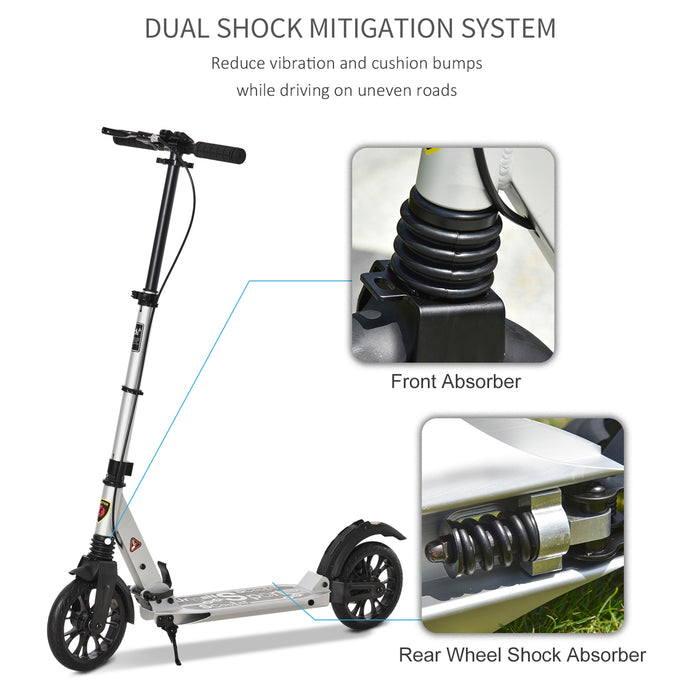 Foldable Adult & Teens Kick Scooter with Height Adjustment - Durable Aluminum Ride-On with Rear Wheel & Hand Brake, Shock Mitigation - Convenient Commuting for Ages 14 & Up, Silver Finish