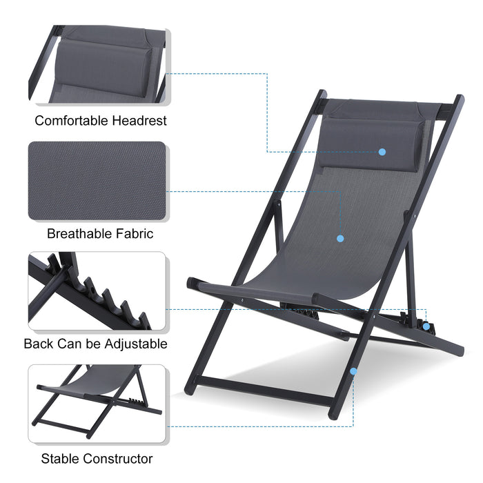 Folding Garden Beach Deck Chair Duo - Grey Patio Loungers with Seaside Appeal - Ideal for Outdoor Relaxation and Sunbathing