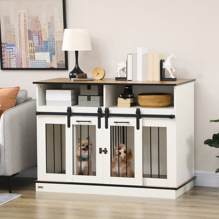 Multi-Functional Dog Crate End Table - Spacious Pet Cage with Adjustable Divider, Storage Shelves & Sliding Doors - Ideal for Small to Large Breeds, Home Decor Integration, White, 120x60x88.5 cm