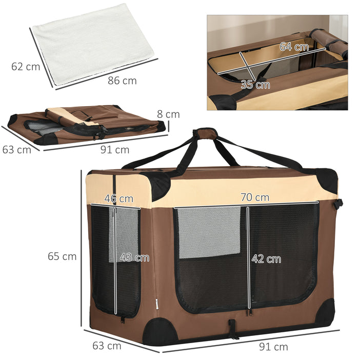 Foldable 91cm Animal Transport Crate - Comfy Cushioned Pet Carrier for Medium Dogs and Cats - Travel-Friendly in Stylish Brown