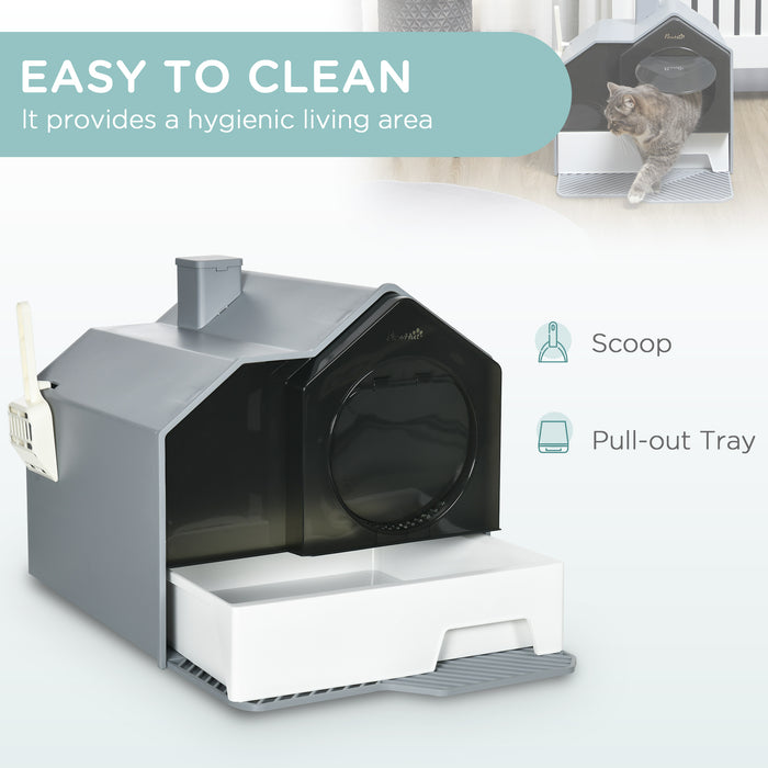 Hooded Cat Litter Box with Scoop - Drawer Pan, Hut Design & Deodorant Features, 47x45x42 cm in Grey - Easy Clean Solution for Cat Owners