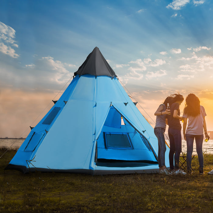 6-Person Tipi-Style Camping Tent - Family Teepee with Ventilated Mesh Windows and Zippered Door - Easy Assembly for Hiking, Picnics, and Overnight Adventures, Includes Carry Bag, Blue