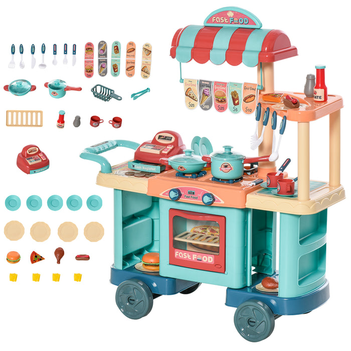 Kids Kitchen Playset Trolley with Accessories - 50 Pcs Child-Friendly Fast Food Cart with Play Food, Money, and Cash Register - Imaginative Play Gift for Ages 3-6