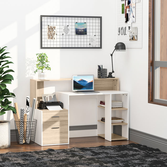 Modern Oak and White Computer Desk - Home Office Writing Workstation with Printer Shelf, Storage Drawer & Shelves - Ideal for Remote Work and Study Spaces