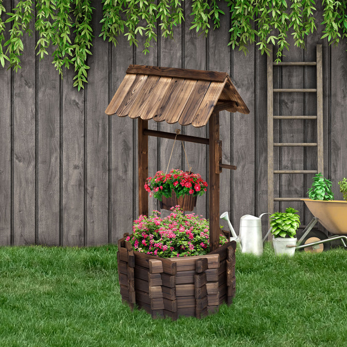 Rustic Wooden Wishing Well Planter - Outdoor Flower Pot with Functional Bucket for Garden Decor - Ideal for Backyard Beautification and Plant Display