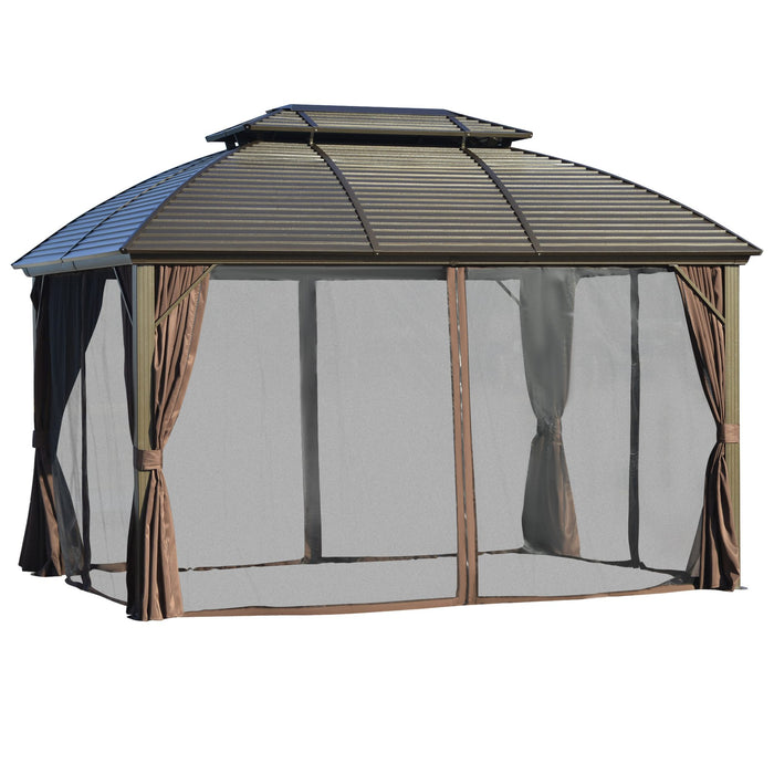 Heavy-Duty 3.65x3m Steel Gazebo with Aluminum Frame - Sturdy Double-Roof Outdoor Canopy for Patio, Brown - Ideal Pavilion for Garden Entertaining and Shelter