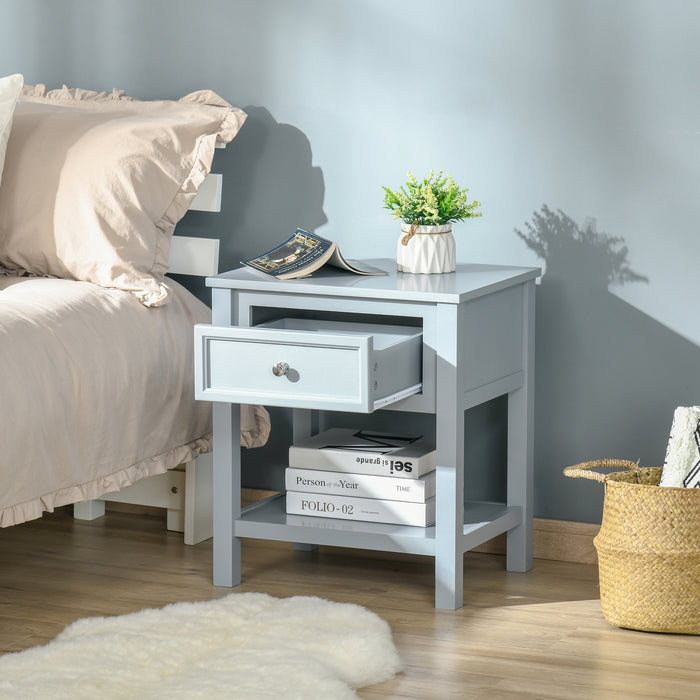 Classic Grey Nightstand with Drawer and Open Shelf - Sturdy Bedside End Table with Metal Handle - Elegant Bedroom Storage Solution