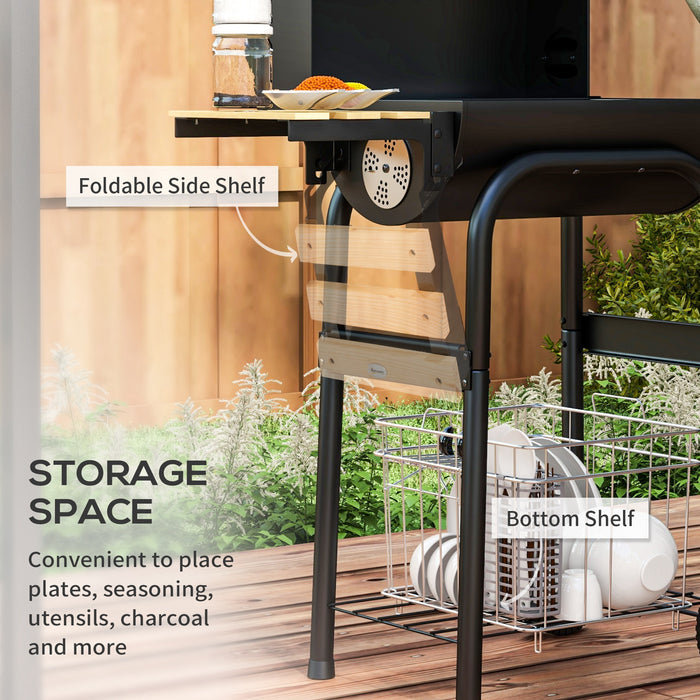 Outdoor Charcoal BBQ Grill on Wheels with Side Shelves - Sturdy Mobile Barbecue Trolley in Black - Ideal for Patio Cooking and Entertainment