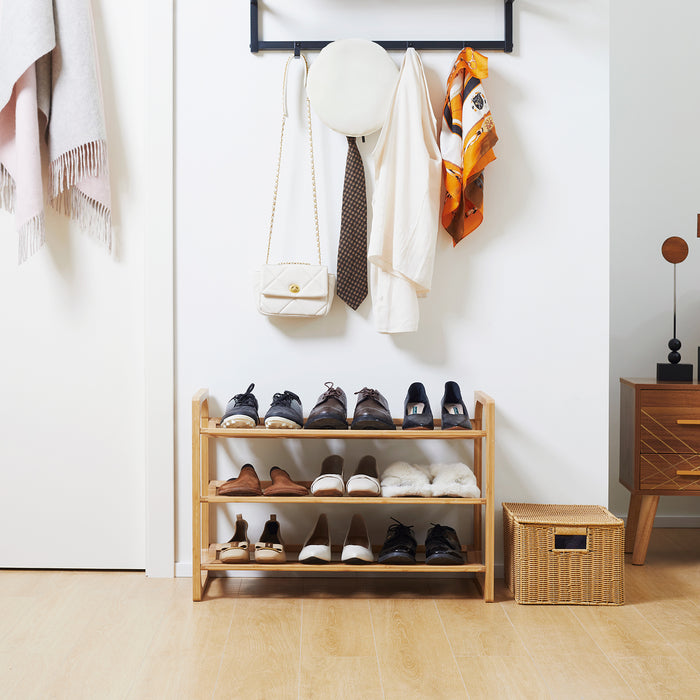 Bamboo 3-Tier Shoe Rack - Slatted Shelves Storage Organizer, Holds 9 Pairs - Space-Saving Stand for Entryway and Closet Organization