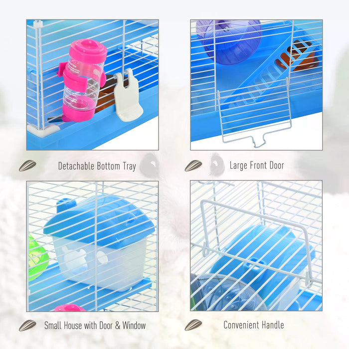 Blue 2-Tier Hamster Cage with Accessories - Small Animal Habitat with Exercise Wheels, Tunnel Tube, and Ladder - Ideal for Dwarf Mice and Hamster Comfort