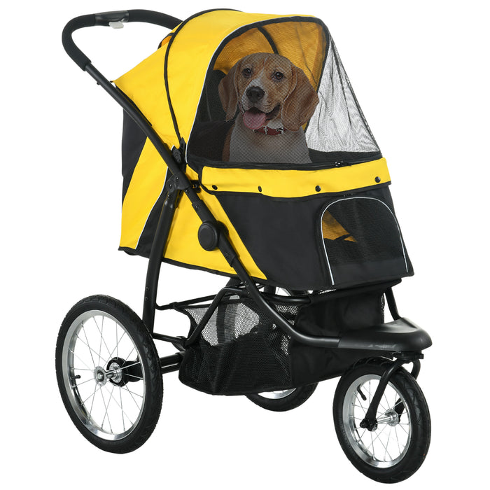 Foldable Pet Jogging Stroller - Medium & Small Dogs and Cats Pram with 3-Wheel Design & Adjustable Canopy in Yellow - Ideal for Pet Parents on the Go