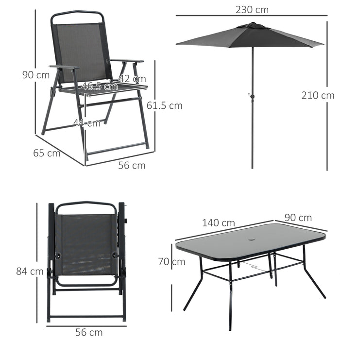 Metal Garden Furniture Set - 8 Pieces with Parasol, Folding Chairs, and Tempered Glass Table - Ideal 6-Seater Outdoor Patio Dining Ensemble