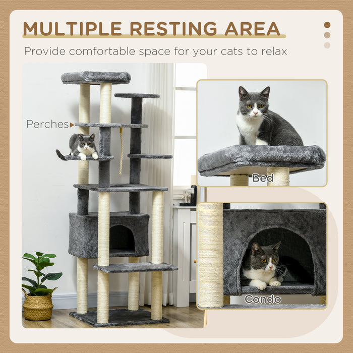 Multi-Level 184cm Cat Tree with Scratching Posts - Indoor Cat Climbing Tower, Bed, Condo & Perches - Ideal for Playful Kittens & Adult Cats with Hanging Play Rope, Grey