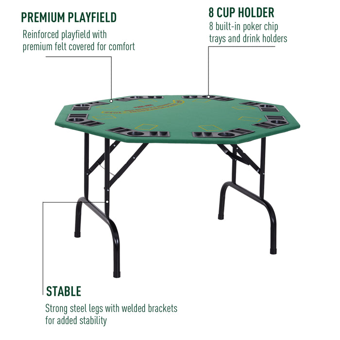 8-Player Folding Poker Table - Octagon Felt Top with Cup Holders and Steel Base - Ideal for Blackjack, Casino Games and Family Game Nights