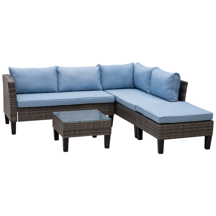 Rattan Garden Corner Lounging Set - 4-Seater Sofa, Footstool & Square Glass Coffee Table with Blue Cushions - Outdoor Patio & Deck Comfort Furniture