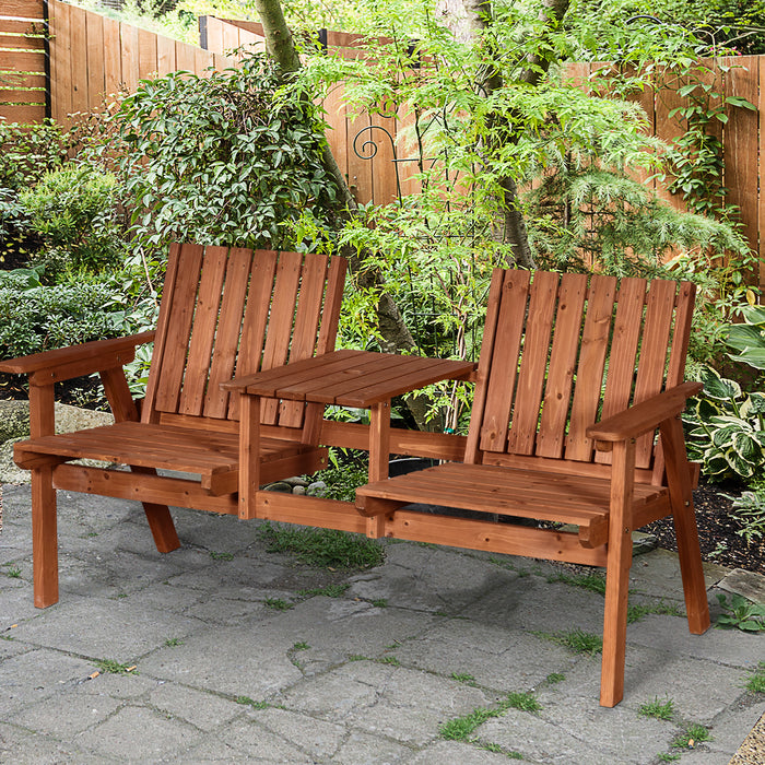 Wooden 2-Seater Garden Bench with Table - Antique Loveseat Chair for Outdoor Conversation - Ideal for Yard, Lawn, Porch, and Patio in Vibrant Orange