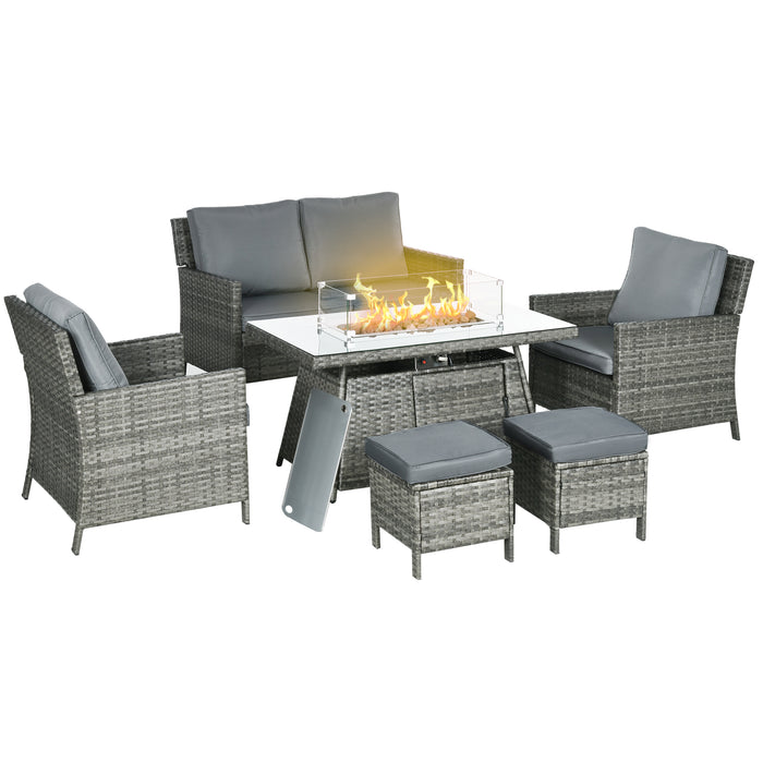 Rattan 6-Seater Outdoor Ensemble with Gas Fire Pit - Wicker Loveseat, Armchairs, Footstools Set in Grey - Perfect for Garden Patio Entertainment and Relaxation