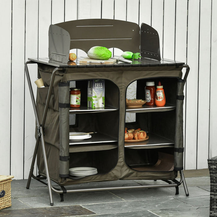 Foldable Camping Kitchen Cupboard - Outdoor Storage Unit with Windshield & 6 Shelves - Ideal for BBQs, Picnics, and Backyard Gatherings with Portable Carry Bag