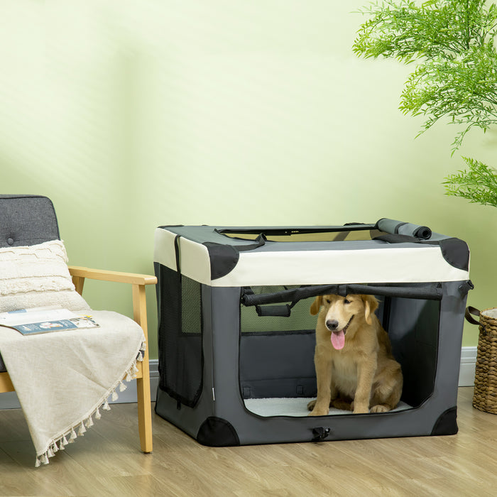 Foldable 91cm Pet Transport Crate with Cushion - Large Dog and Cat Carrier in Grey - Convenient Travel Solution for Pets