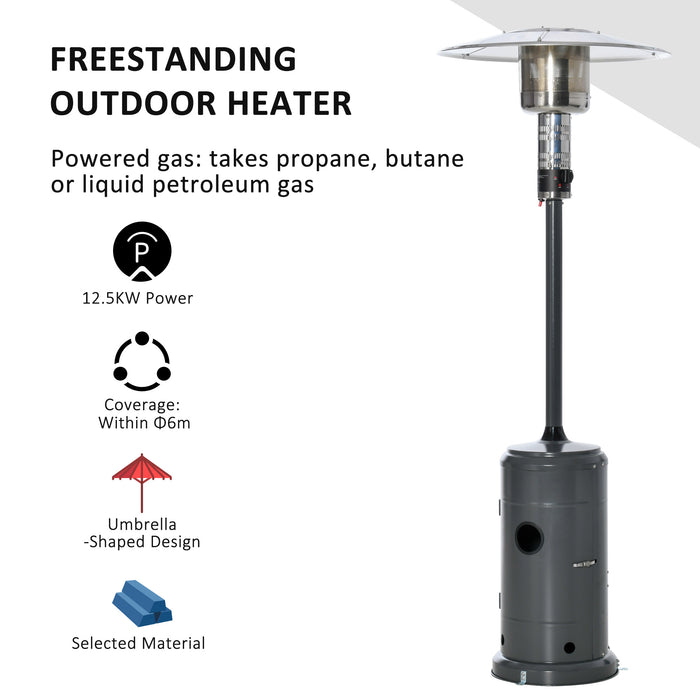 12.5KW Outdoor Gas Patio Heater - Freestanding Propane Heat Source with Wheels, Dust Cover, Regulator, Hose in Charcoal Grey - Ideal for Garden, Deck & Outdoor Gatherings