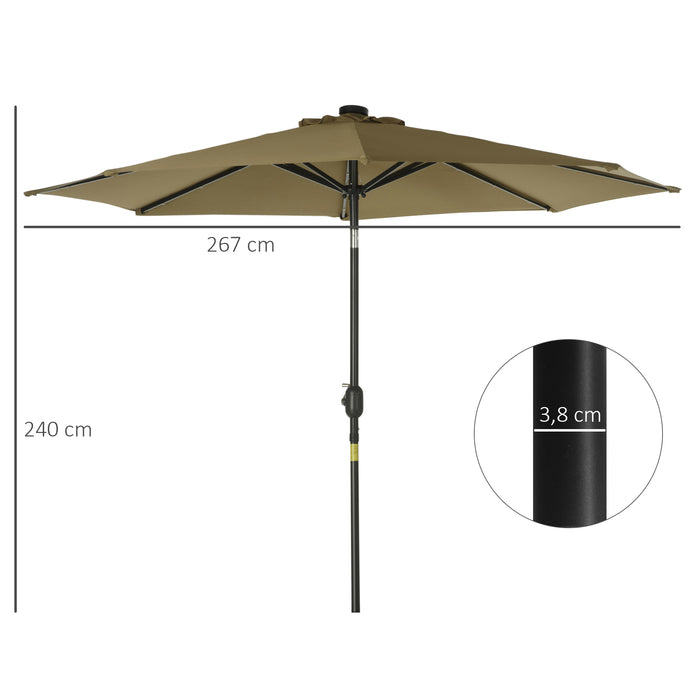 Solar-Powered 24 LED Parasol - Brown Outdoor Umbrella with Energy-Efficient Lighting - Perfect for Patio, Nighttime Ambiance