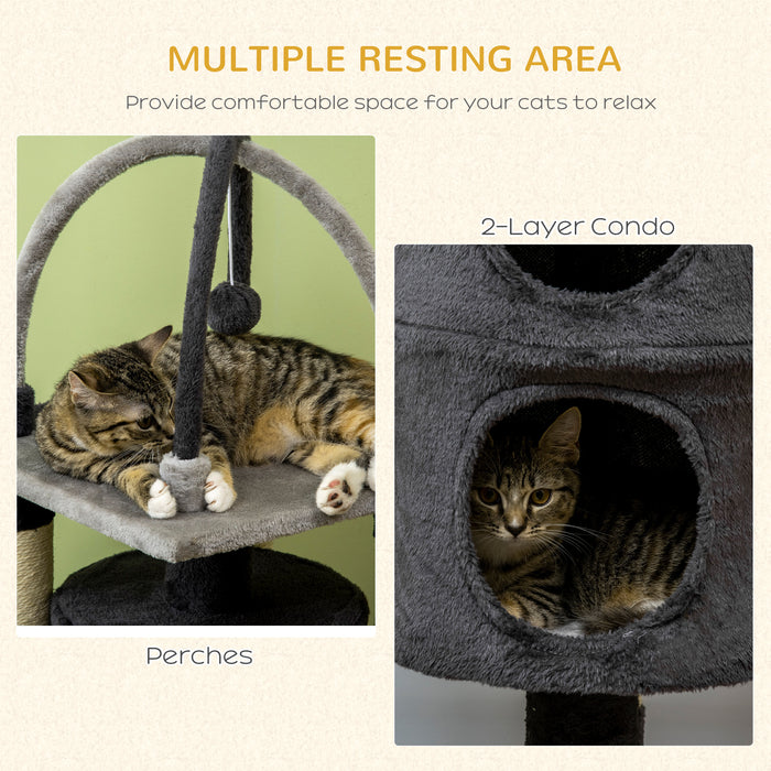 Deluxe Cat Tree Tower - Multiple Scratching Posts, Cozy Cat Condo & Bed, Interactive Hanging Toy Ball - Ideal for Playful Kittens & Lounging Cats