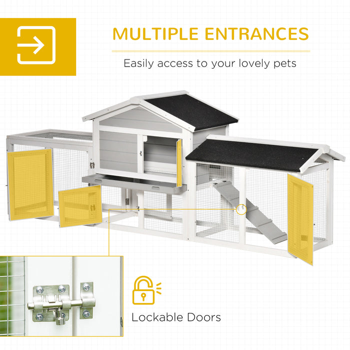 2 Tier Wooden Rabbit Hutch - Small Pet House with Pull Out Tray, Ramps, Lockable Doors, Large Run Area, and Asphalt Roof - Ideal for Bunny Outdoor Shelter and Safety in Grey