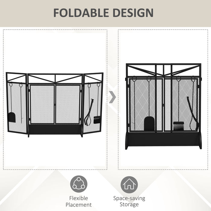 3 Panel Folding Fire Guard - Freestanding Spark Screen with Fireplace Tool Set and Front Doors - Safety Barrier for Home Fireplaces