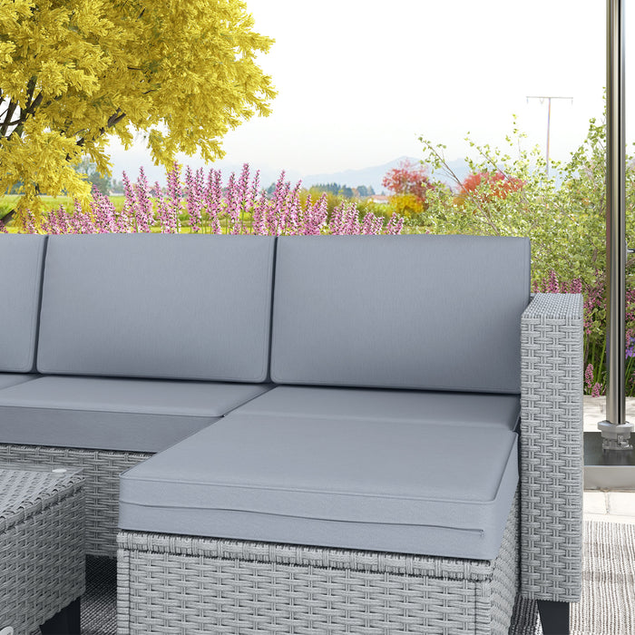 5-Piece Rattan Patio Furniture Set - Corner Sofa, Footstools & Coffee Table in Grey - Ideal for Poolside Lounging and Entertainment