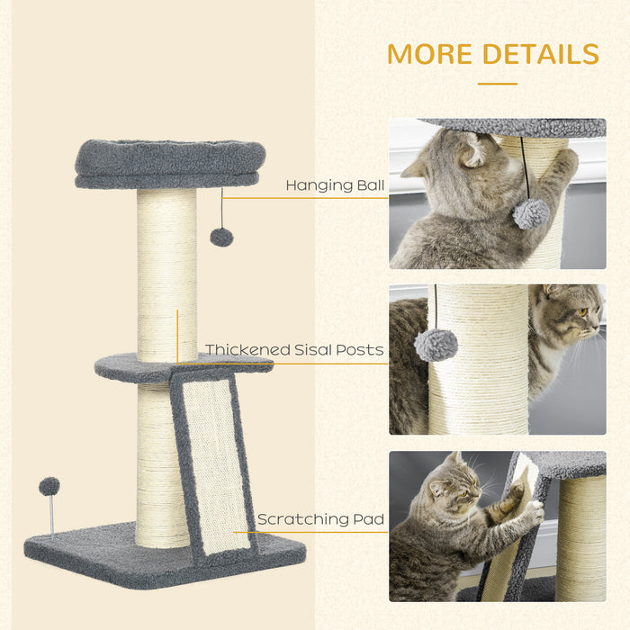 Deluxe Cat Tower with Multiple Scratching Posts - Plush Pad, Cozy Bed & Hanging Toy Ball, Dark Grey & Beige - Perfect Play Structure for Cats up to 6 Kg