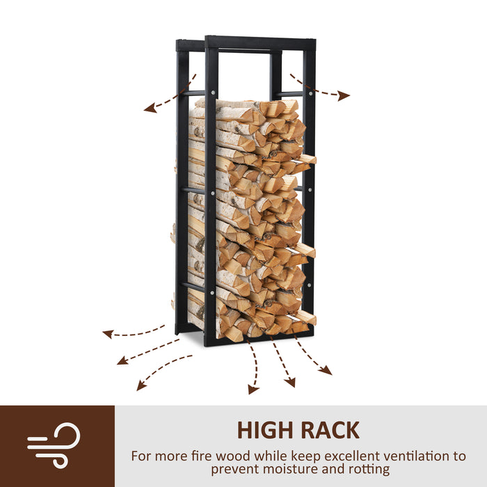 Heavy-Duty Metal Firewood Log Rack - Tall Indoor/Outdoor Storage Shelf with Protective Side Rails, Black - Optimize Fireplace Organization, 40W x 25D x 100H cm